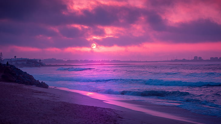 โลก, พระอาทิตย์ตก, ชายหาด, มหาสมุทร, สีม่วง, วอลล์เปเปอร์ HD