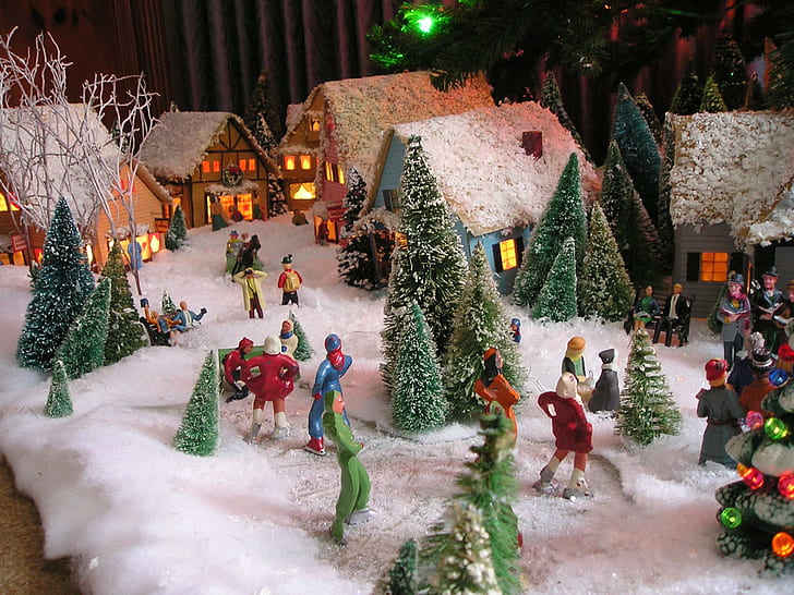 Christmas Village View1, село, традиция, Коледа, Брексвил, Охайо, животни, HD тапет