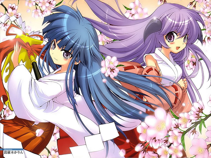 two purple and blue haired female anime characters, suzuragi karin, higurashi no naku koro ni, furude rika, hanyuu, girls, kimono, flowers, HD wallpaper