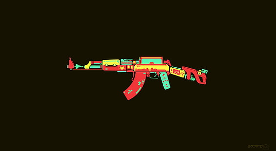 AK-47, rojo, verde azulado y amarillo rifle ilustración, ejército, ak-47, arma, rifle, asalto, imagen, obra de arte, juego, Fondo de pantalla HD HD wallpaper