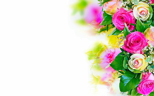 розовые и желтые розы, цветы, розы, букет, цветы, пастель, роза розовая, белая роза, HD обои HD wallpaper