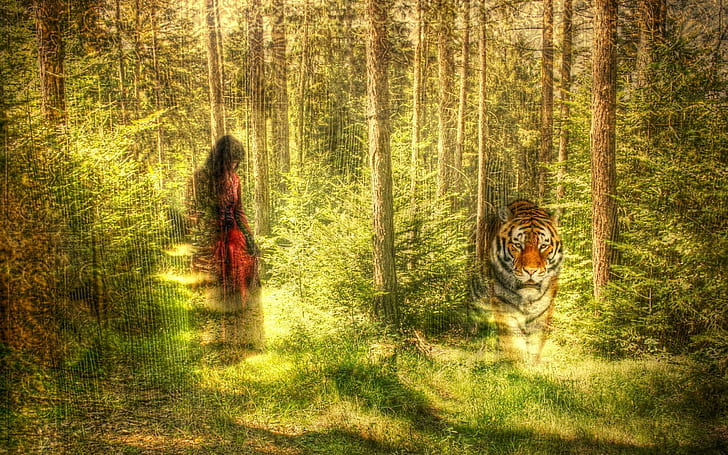 Forest Mirage, tiger, forest, artistic, fantasy, woman, beauty, 3d and abstract, HD wallpaper