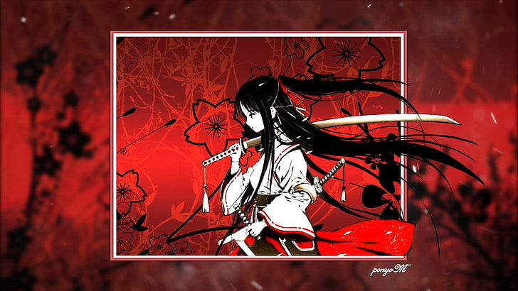 latar belakang sederhana, gadis anime, katana, pedang, anime, karya seni, Wallpaper HD