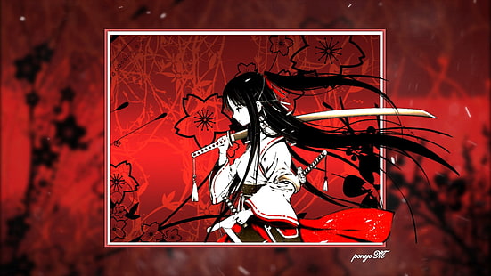 simple background, anime girls, katana, sword, anime, artwork, HD wallpaper HD wallpaper