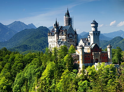 turismo, castello, montagna, castello di Neuschwanstein, Baviera, Alpi, viaggio, Germania, Sfondo HD HD wallpaper