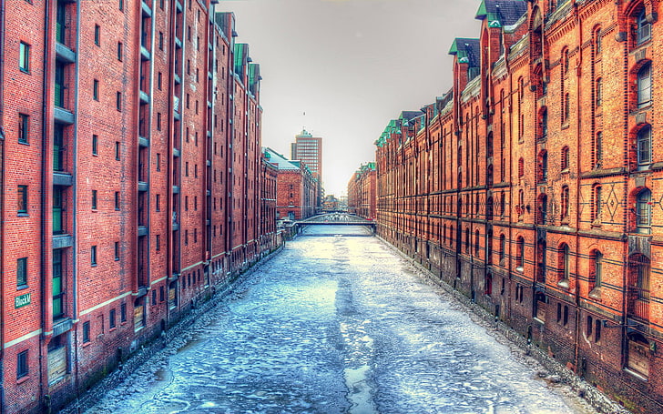 brown building illustration, body of water surrounded by buildings, city, cityscape, architecture, sky, building, Hamburg, Germany, ports, dock, river, winter, old building, bridge, HDR, ice, bricks, frozen river, HD wallpaper