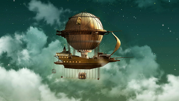 airship, dreamy, dreamland, art, sky, fly, flying, starry sky, clouds, HD wallpaper