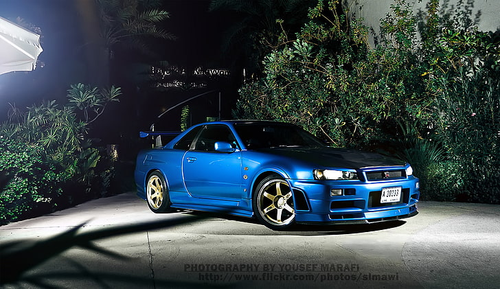 Blue Cars, car, night, Nissan, Nissan Skyline GT R R34, vehicle, HD wallpaper