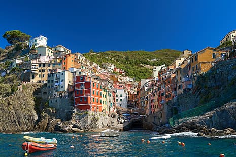 海、岩、海岸、家、ボート、イタリア、町、リオマッジョーレ、チンクエテッレ、リグーリア州、 HDデスクトップの壁紙 HD wallpaper