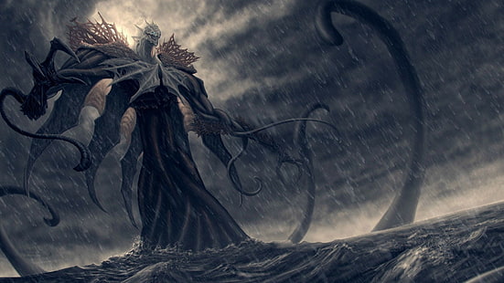 papel de parede gráfico de monstro marinho preto e cinza, Kraken, arte de fantasia, HD papel de parede HD wallpaper
