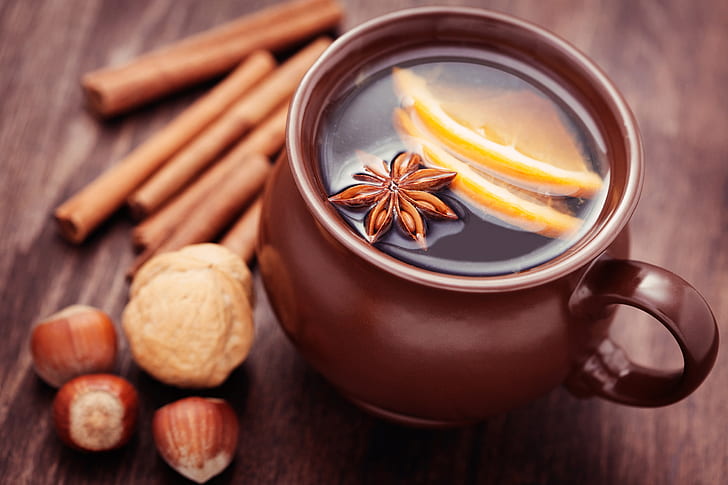 winter, sticks, Cup, citrus, drink, nuts, cinnamon, spices, star anise, Anis, HD wallpaper