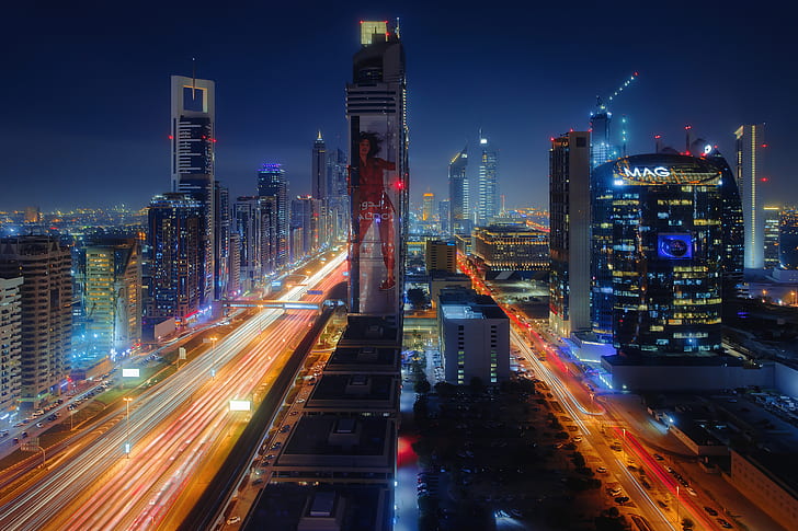 Dubaï, longue exposition, lumières, paysage urbain, ville, nuit, urbain, rue, sentiers de lumière, étoiles, ciel, trafic, Fond d'écran HD