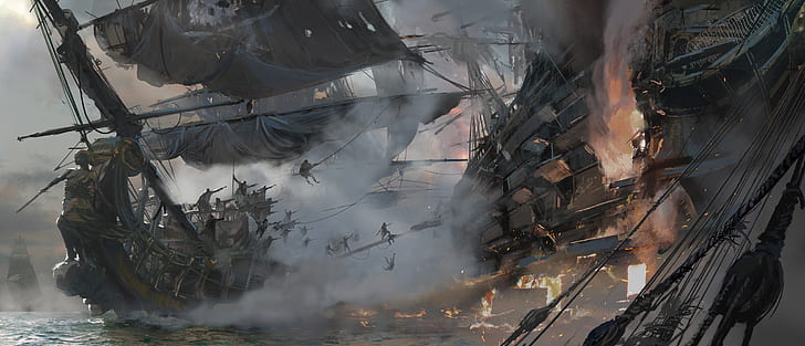 game, pirate, war, fight, pirate ship, ship, kaizoku, Skull and Bones, HD wallpaper