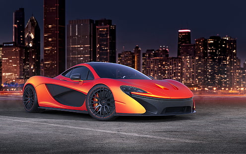 оранжевый McLaren P1, ночь, город, суперкар, McLaren, макларен р1, HD обои HD wallpaper