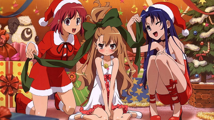 affiche de trois personnages de dessins animés féminins, Toradora !, Aisaka Taiga, Ami Kawashima, Kushieda Minori, Noël, costume de Père Noël, Fond d'écran HD