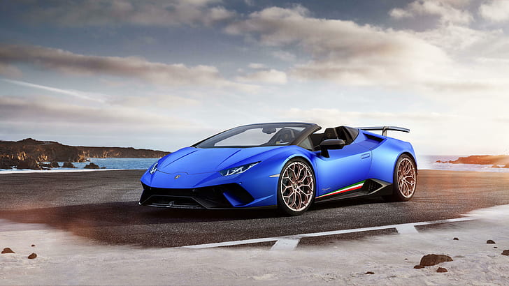 синий автомобиль, Lamborghini Huracan Performante, Cabrio, автомобиль повышенной комфортности, суперкар, 8 тыс. UHD, Lamborghini Huracan, Lamborghini, 2018, HD обои