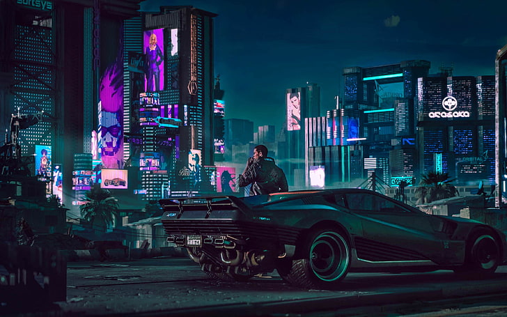 человек рядом с автомобилем цифровые обои, цифровое искусство, футуристический город, автомобиль, произведения искусства, фэнтези-арт, фан-арт, ночь, иллюстрация, киберпанк 2077, HD обои