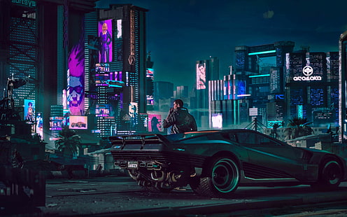 человек рядом с автомобилем цифровые обои, цифровое искусство, футуристический город, автомобиль, произведения искусства, фэнтези-арт, фан-арт, ночь, иллюстрация, киберпанк 2077, HD обои HD wallpaper