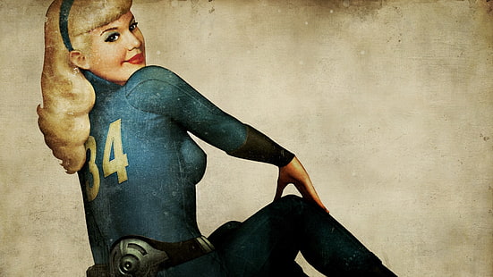 рисуване на жена, облечена в синьо трико 34, Fallout, pinup модели, видео игри, HD тапет HD wallpaper