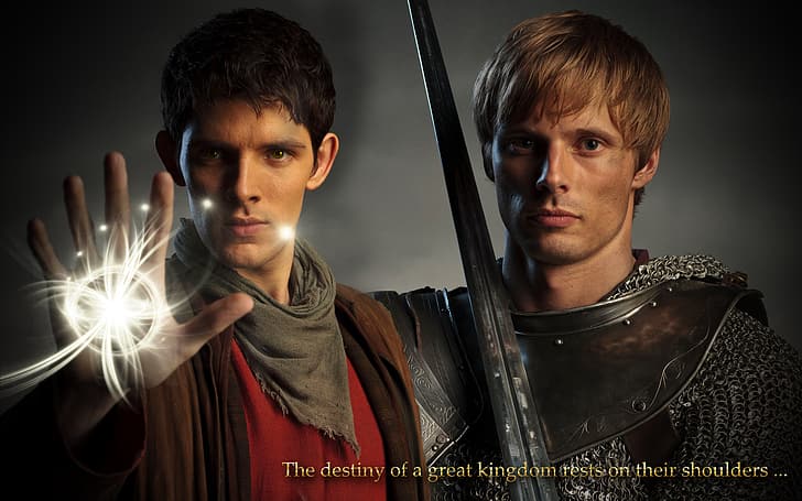 Merlin (TV Series), Merlin, Colin Morgan, magic, sword, Excalibur, Arthur Pendragon, Bradley James, text, HD wallpaper