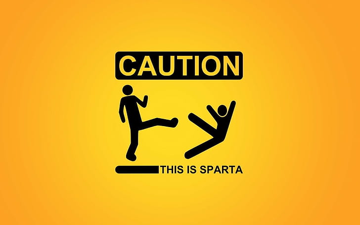 background, caution, figures, funny, kicking, minimalistic, signs, Simple, sparta, stick, warning, yellow, HD wallpaper