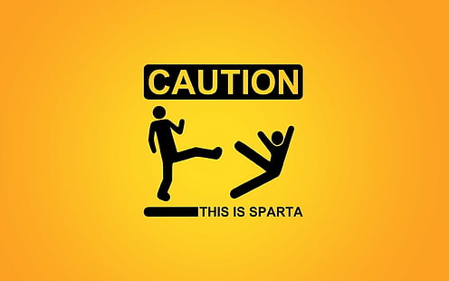 background, caution, figures, funny, kicking, minimalistic, signs, Simple, sparta, stick, warning, yellow, HD wallpaper HD wallpaper