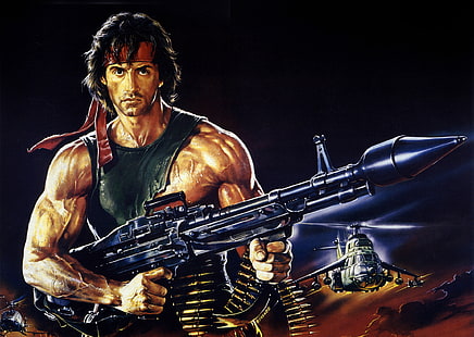 Tapeta Rambo, broń, figura, helikoptery, grafika, opaska na głowę, naboje, plakat, Sylvester Stallone, Rambo, Rambo: Pierwsza krew 2, Rambo: Pierwsza krew część II, Tapety HD HD wallpaper