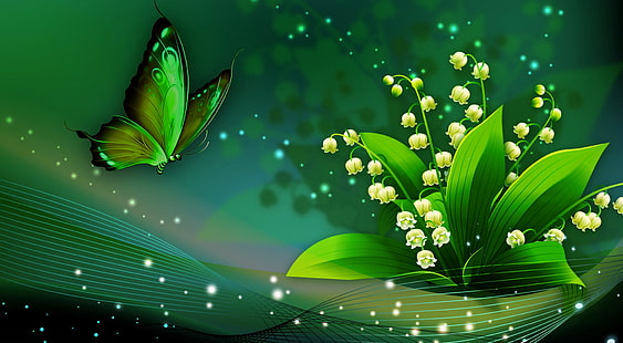 Flowers, Flower, Artistic, Butterfly, Green, Lily Of The Valley, HD wallpaper HD wallpaper