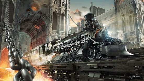 Steampunk Trains Fantastico mondo Technics Chain Fantasia, fantasia, steampunk, treni, fantastico mondo, tecnica, catena, Sfondo HD HD wallpaper