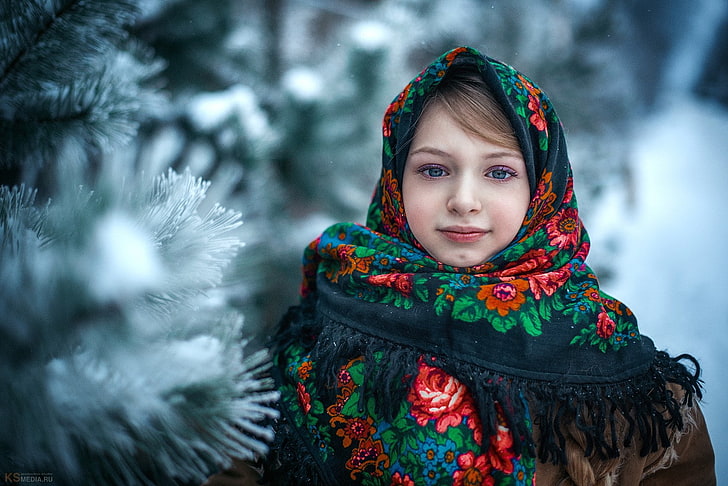 photography, children, smiling, blue eyes, outdoors, winter, traditional clothing, HD wallpaper