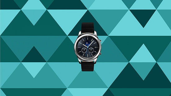 arronograf bulat berwarna perak dan hitam dengan tali hitam dan latar belakang hijau, Samsung Gear S 3, jam tangan pintar, ulasan, IFA 2016, Wallpaper HD HD wallpaper