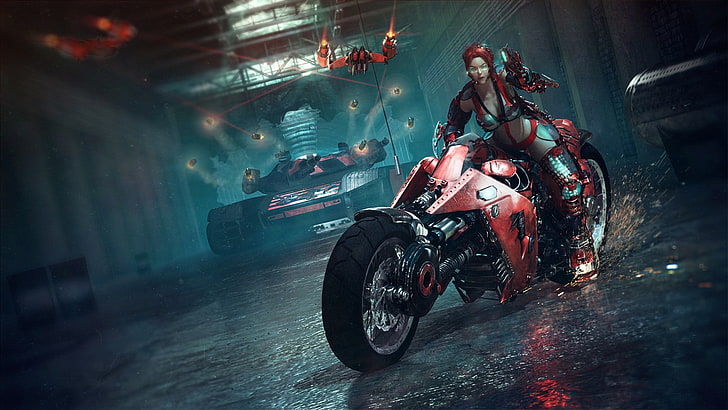 personaggio femminile gioco illustrazione, donne, moto, cyberpunk, donne con motociclette, veicolo, fantascienza, futuristico, opere d'arte, Sfondo HD