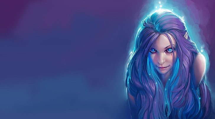紫の髪の女性キャラクターの壁紙、アートワーク、ファンタジーアート、 HDデスクトップの壁紙