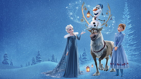 Disney Frozen Elsa, Anna et Olaf graphiques, Olaf's Frozen Adventure, Elsa, Anna, hiver, cerf, neige, 4k, Fond d'écran HD HD wallpaper
