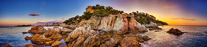island surrounded with body of water under clear sky, Castle  island, body of water, HDR, Panoramic, Spain, Lloret  de  Mar, sea, sunset, beach, coastline, nature, rock - Object, scenics, dusk, outdoors, landscape, sky, HD wallpaper