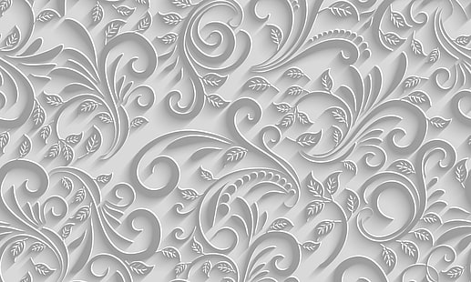 白とグレーの花の壁紙、葉、枝、パターン、白背景、テクスチャ、 HDデスクトップの壁紙 HD wallpaper