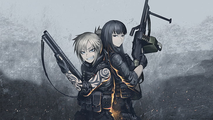 deux personnages de dessins animés féminins papier peint, anime, filles anime, Hellshock, mitrailleuse, Hetza, art fantastique, guerrier, Fond d'écran HD