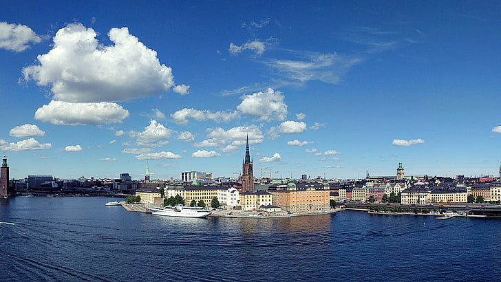Стокхолм, градски пейзаж, море, вода, Швеция, столица, Европа, синьо, HD тапет