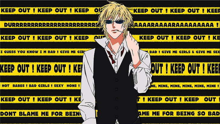 yellow haired male anime character, anime, Durarara!!, Heiwajima Shizuo, typography, anime boys, sunglasses, cigarettes, police tape, HD wallpaper