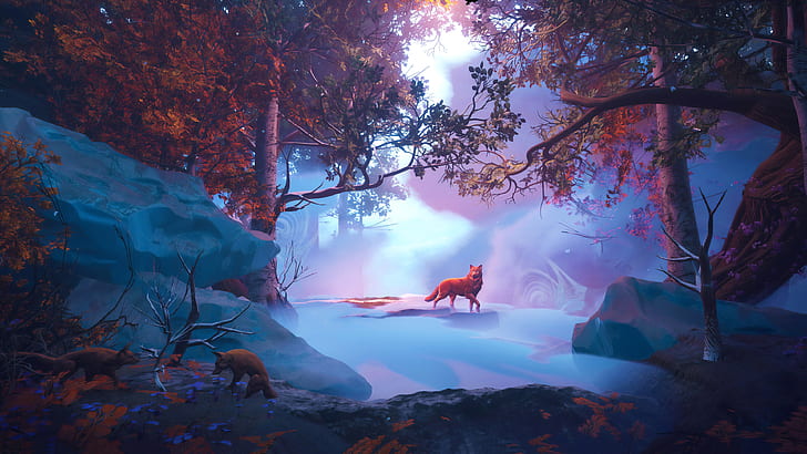 digital art, landscape, fox, forest, fantasy art, illustration, HD wallpaper