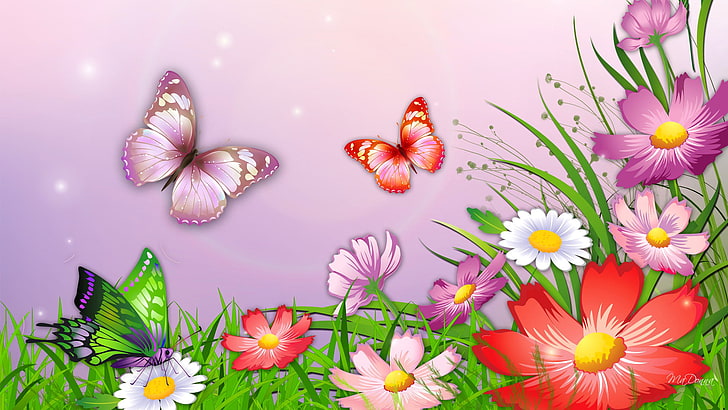 illustration de papillons et fleurs, herbe, papillon, fleurs, figure, vecteur, Fond d'écran HD