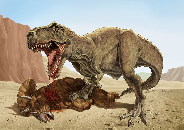 Илюстрация на T-Rex, динозавър, уста, рев, копаене, T-Rex, Тиранозавър, HD тапет