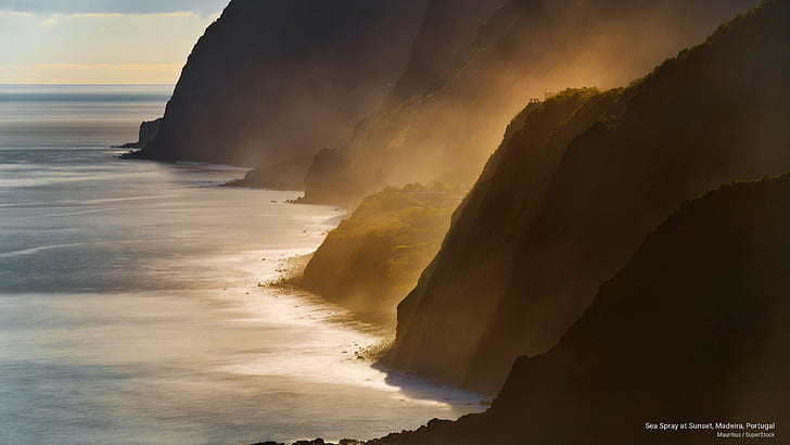 Spray morski o zachodzie słońca, Madera, Portugalia, przyroda, Tapety HD