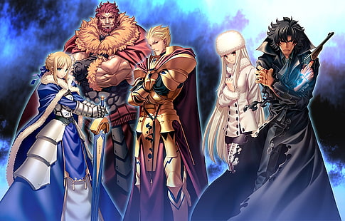 Fate Series, Fate / Zero, Archer (Fate / Zero), Gilgamesh (Fate Series), Irisviel Von Einzbern, Kiritsugu Emiya, Rider (Fate / Zero), Saber (Fate Series), HD tapet HD wallpaper