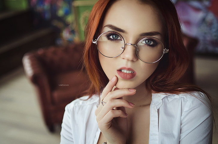 Ekaterina Sherzhukova, wanita, kacamata, potret, berambut merah, wajah, wanita dengan kacamata, kedalaman bidang, Wallpaper HD