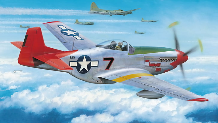 pesawat tempur abu-abu dan merah, pesawat, perang, seni, lukisan, penerbangan, ww2, penerbang At tuskegee, P-51 D Mustang, Wallpaper HD