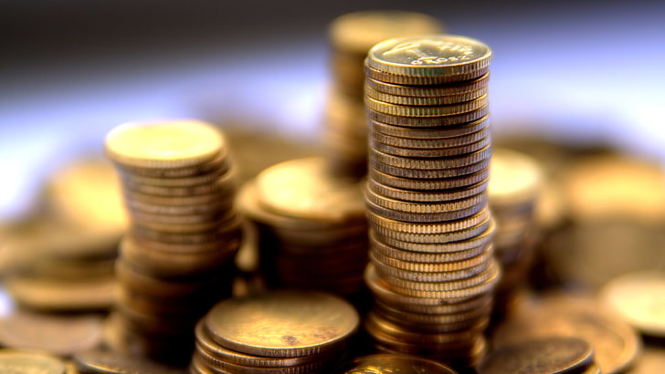 rundes Goldmünzlos, Makro, Münzen, Geld, Bokeh, HD-Hintergrundbild