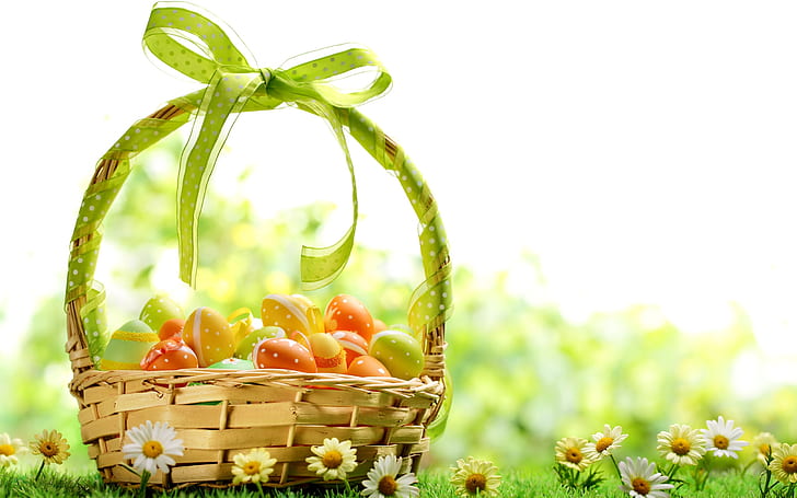 ฤดูใบไม้ผลิดอกไม้ไข่อีสเตอร์สีสันตะกร้าฤดูใบไม้ผลิดอกไม้อีสเตอร์ไข่สีสันตะกร้า, วอลล์เปเปอร์ HD
