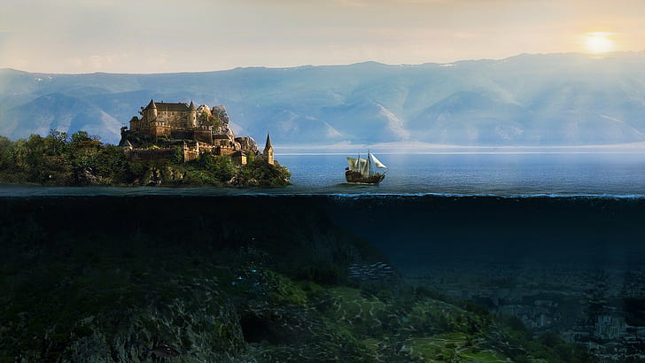 Seni fantasi, Kapal Berlayar, pemandangan terbelah, Kota Tenggelam, bawah air, Wallpaper HD