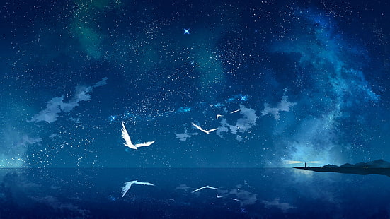 białe ptaki latające nad morzem tapeta, niebo, gwiazdy, morze, latarnia morska, mewy, Tapety HD HD wallpaper